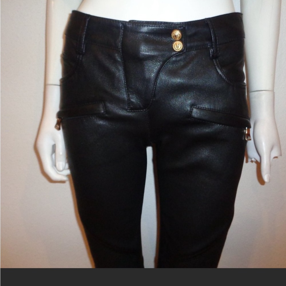Balmain Black Leather Moto Pants Size 36